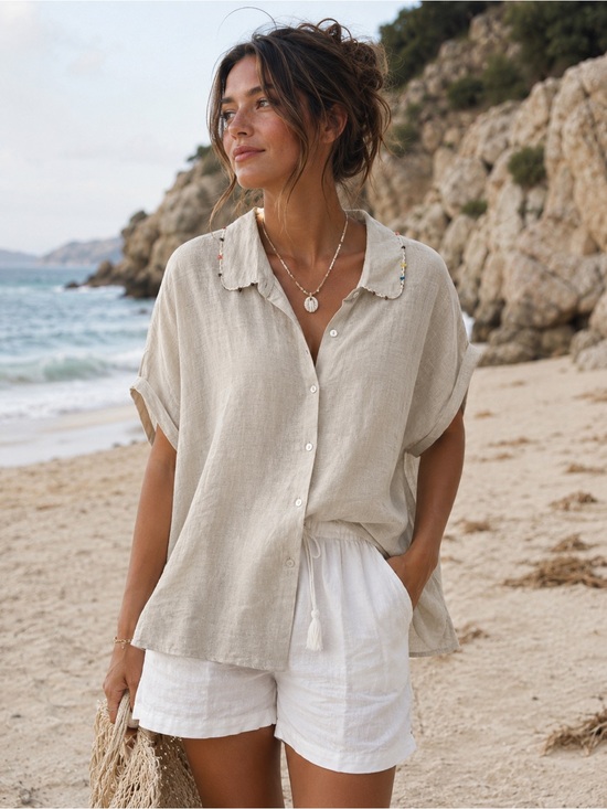 Hester & Orchard Tops - Hester & Orchard Linen Blend Cap Sleeve Beaded Collar Coastal Blouse Size M